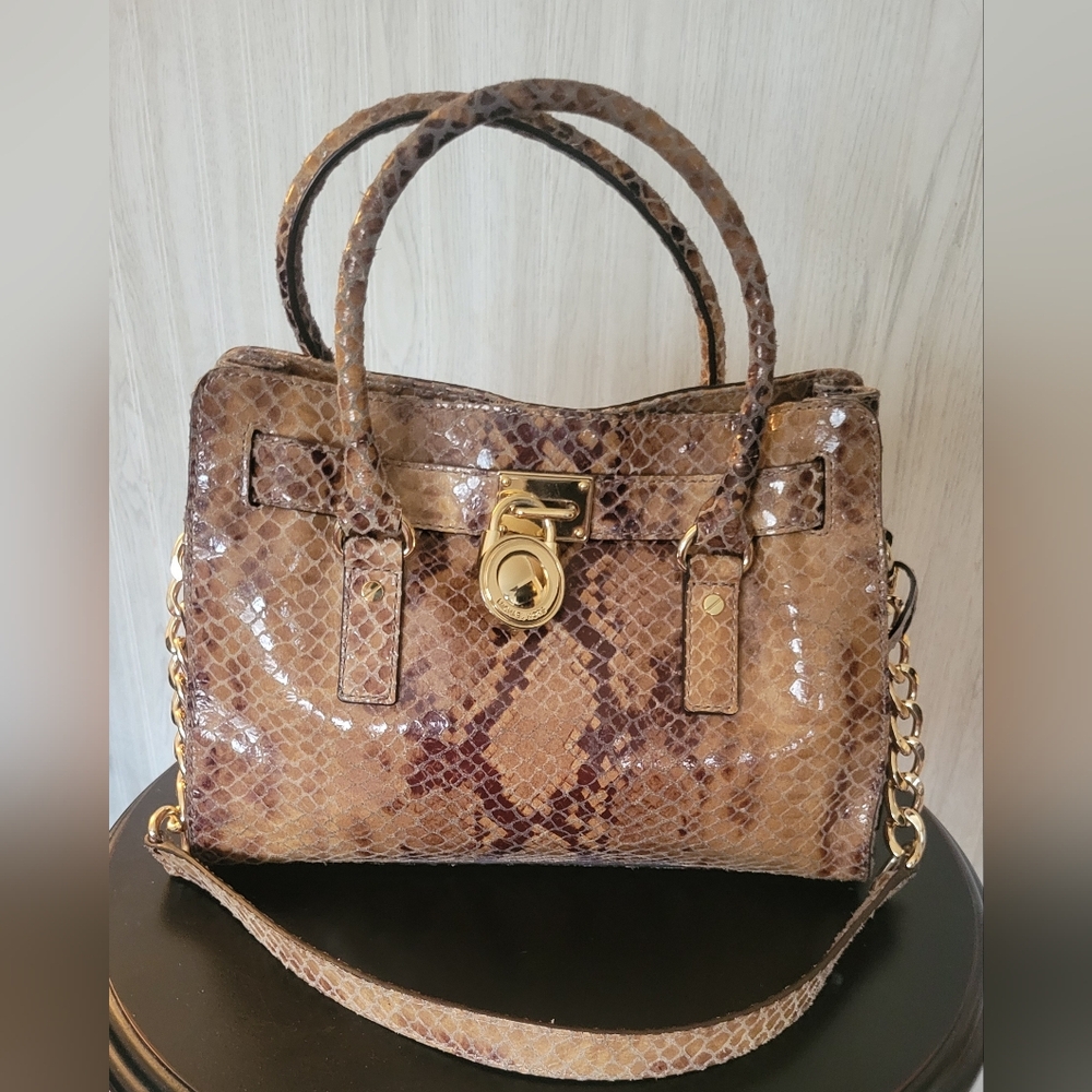 Michael Kors Hamilton Python Tote Snakeskin Embossed Purse Shoulder Brown Tan